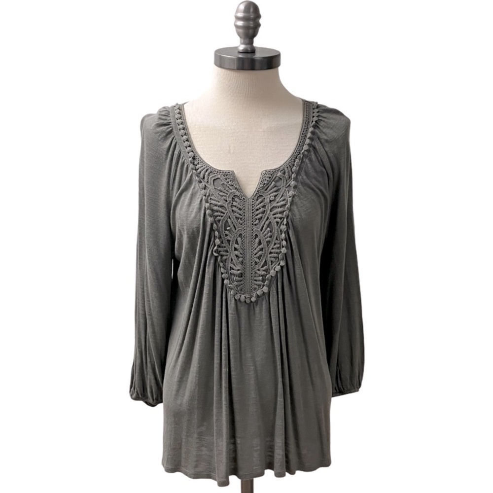 APT. 9 Pullover Top Women’s SZ Petite Large Green Crocheted Front Balloon Sleeve